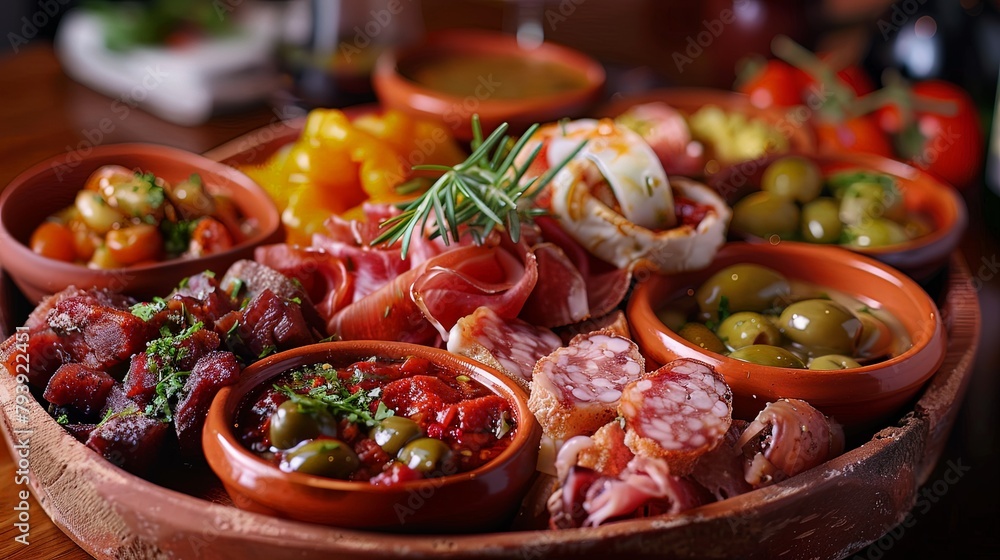 A tempting platter of Spanish tapas, featuring an assortment of small plates filled with flavorful bites, showcasing the beloved culinary tradition of Spain
