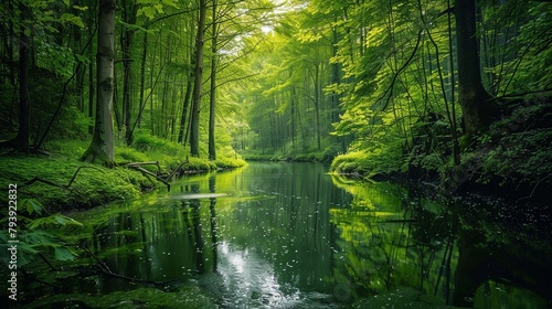 A tranquil forest river framed by towering trees, its mirror-like surface reflecting the verdant beauty of the surrounding wilderness