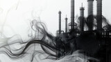 Abstract interpretation of a black oil factory. Artistic monochrome abstraction of an oil refinery shrouded in swirling smoke and vapor