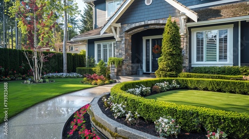 A well-manicured lawn bordered by neatly trimmed hedges and flowering shrubs, enhancing the curb appeal of a suburban home. photo