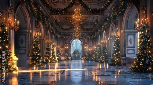 Christmas set of a fairytale ballroom in the king's castle background for theater stage scene