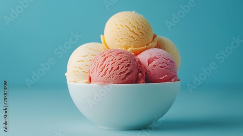 Colorful ive cream scoops in white bowl, copy space photo