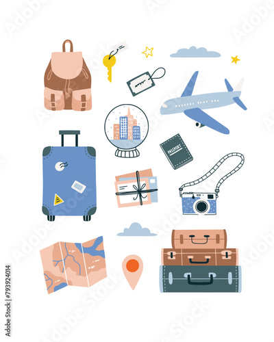 Cute travel vector clipart. Travel illustrations on white background: airplane, backpack, bag, map, camera