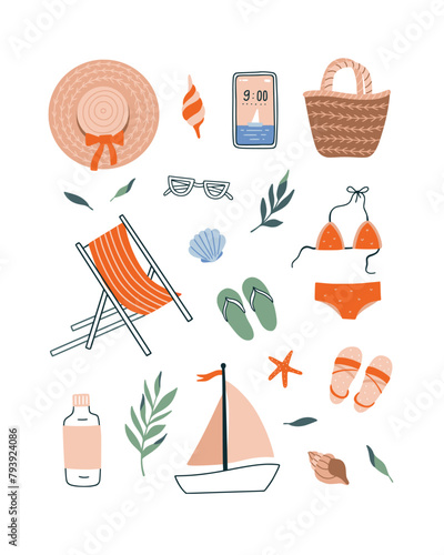 Beach vector clipart on white background. Summer cute illustrations: hat, bag, swimsuit, ship