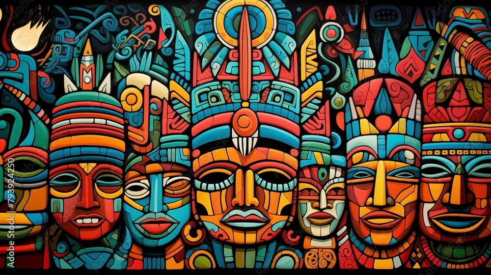 Vibrant Mural Depicting Colorful Tribal Masks and Symbolic Patterns