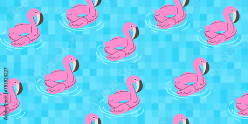 Seamless pattern with inflatable flamingo circle in the pool. Swimming ring in the shape of pink flamingo. Summer background