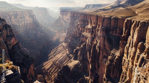 An expansive canyon carved by the forces of nature over millennia, with towering cliffs and deep ravines stretching as far as the eye can see.