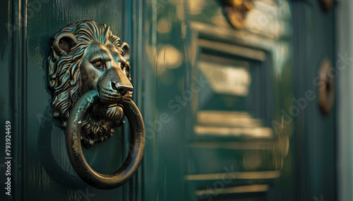 A close-up of a classic house's door knocker in the shape of a lion's head, with a soft focus on the deep green door. photo