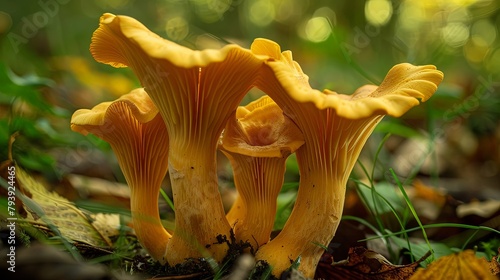 Close-up of wild chanterelle mushrooms freshly harvested from the forest floor, showcasing their golden color and distinctive trumpet-like shape.