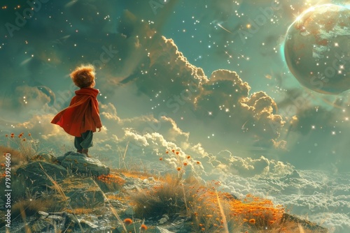 Little Prince visiting different planets, each with its own unique landscape and inhabitants. 