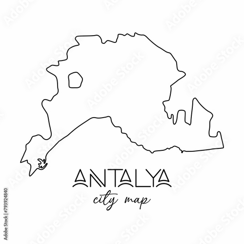Antalya city map vector contour. Turkey touristic place map isolated illustration. Line art map.