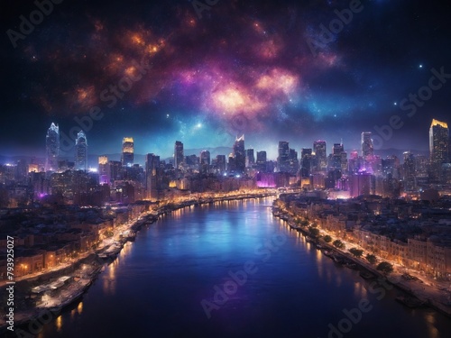 Mesmerizing cityscape unfolds under sky painted with hues of galaxy  where stars  nebulae cast their ethereal glow. Skyscrapers  illuminated in dance of lights  reach towards heavens.