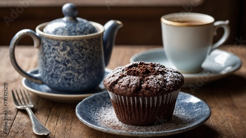 Freshly baked chocolate muffin  sprinkled with powdered sugar  sits invitingly on blue ceramic plate. To left of this delightful pastry  silver fork rests  ready to be used. Behind muffin.