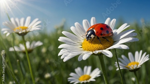 Ladybug finds itself perched on yellow center of white daisy, surrounded by field of similar flowers under bright blue sky. Sunrays pierce through atmosphere, illuminating each petal.
