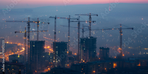 sunset over the city and construction cranes illustration