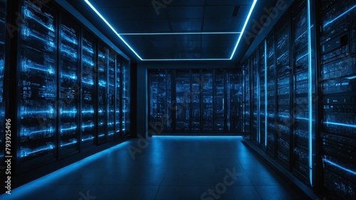 Corridor bathed in captivating blue light unveils complex operations of data center. Rows of servers, encased in glass cabinets, resonate with quiet rhythm of data processing, storage. photo