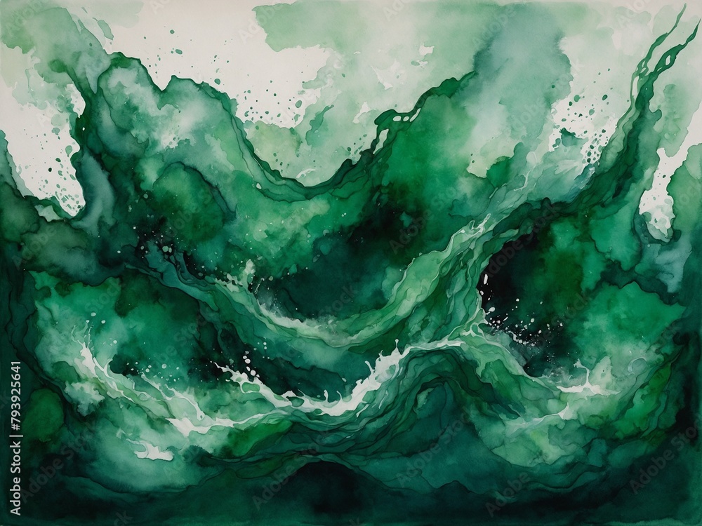 Mesmerizing dance of various shades of green unfolds, as swirling patterns, textures create dynamic, fluid scene. Abstract nature of artwork evokes sense of movement.