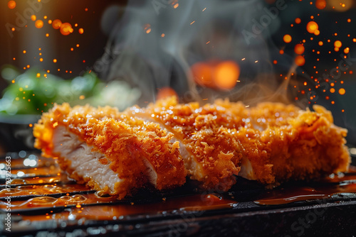 A closeup of Katsu chicken with a fried patty. The golden brown and crispy cutlet sits atop hot oil in which it sizzles, steam rises from inside due to the heat of cooking photo