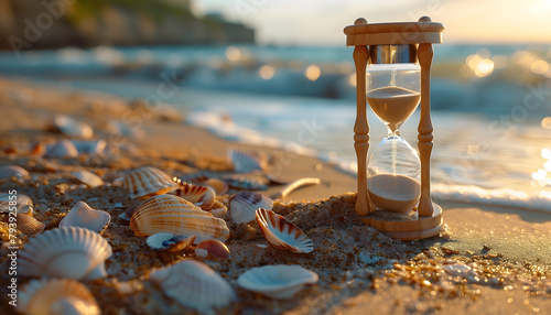 An hourglass standing on the sandy beach, its smooth curves glistening in the warm sunlight. The hourglass stands upright photo