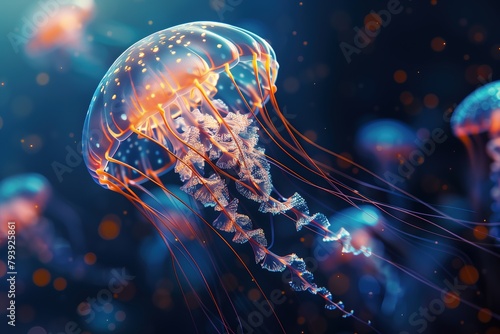 3D rendering of glowing jellyfish in ocean background