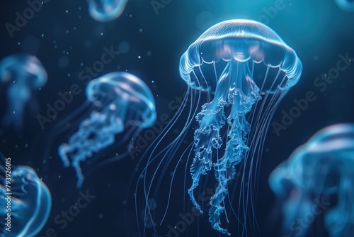 D rendering of transparent jellyfishes swimming in a dark blue ocean background.
