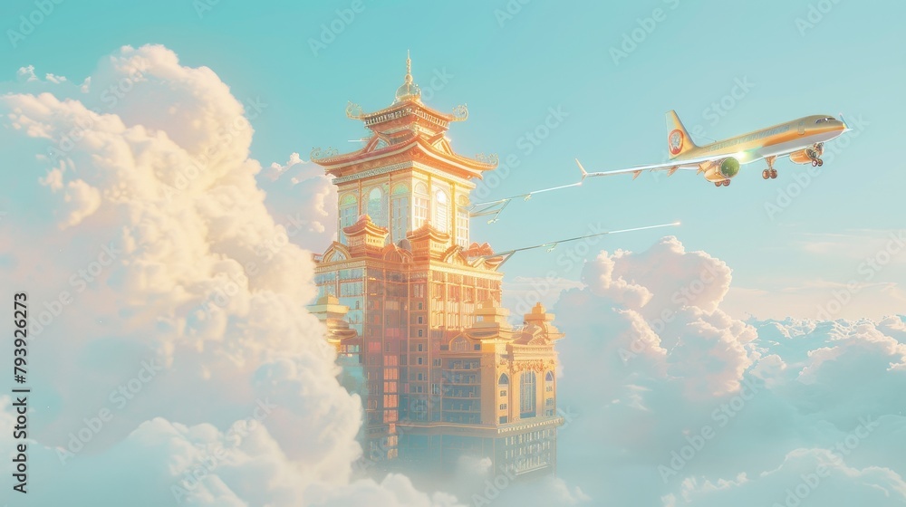 A majestic 3D render of a golden airplane soaring above cumulus clouds with a traditional pagoda emerging through the mist, symbolizing travel and architecture. A majestic 3D render of a golden airplane soaring above cumulus clouds with a traditional pagoda emerging through the mist, symbolizing travel and architecture.
