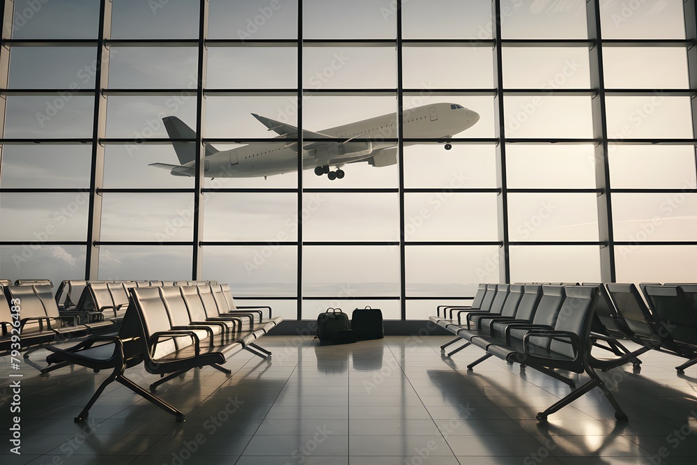 Modern airport terminal with airplane in flight through window, serene atmosphere