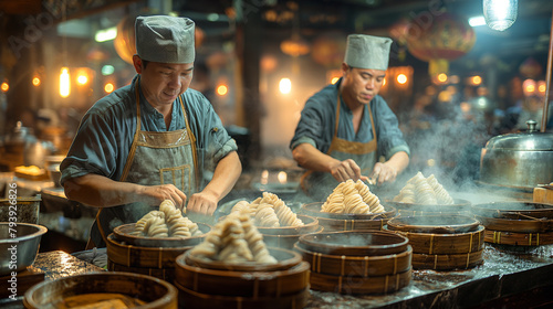 6. Dumpling Delights: In a bustling kitchen illuminated by flickering lanterns, skilled chefs meticulously prepare batches of zongzi, pyramid-shaped glutinous rice dumplings wrappe