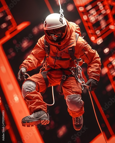 A man in an orange spacesuit rappelling down a skyscraper