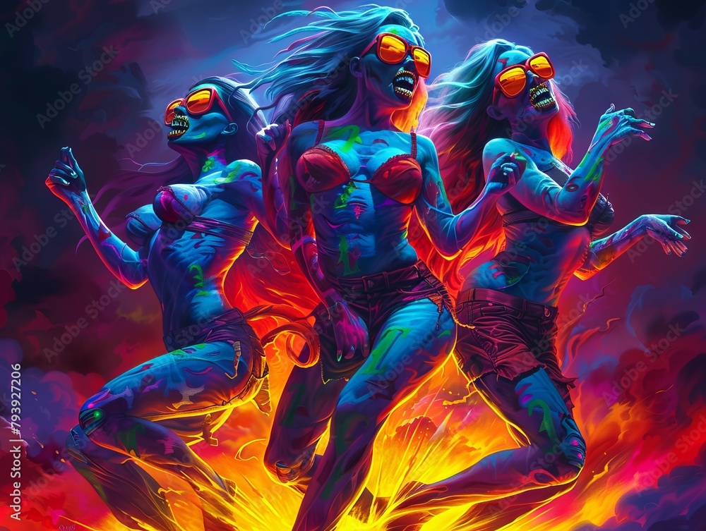 Three undead zombie women dancing in front of a fiery background