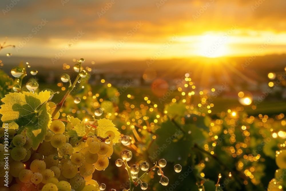 Stunning image capturing sun rays glistening through water droplets on grapevines, enhancing the serene scenery of a valley during sunset.