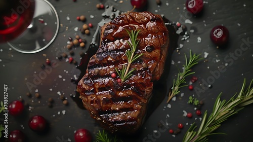Grilled ribeye beef steak with red wine, herbs and spices, Top view with copy space for your text