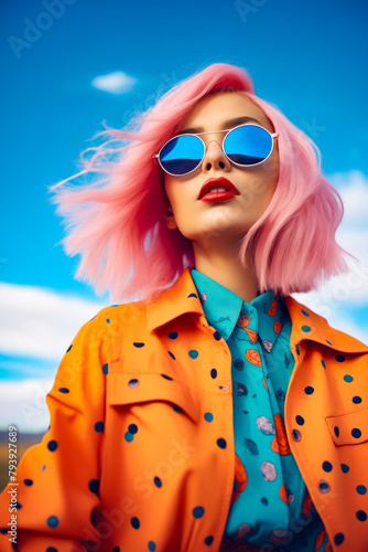 Woman with pink hair and sunglasses on sunny day. photo