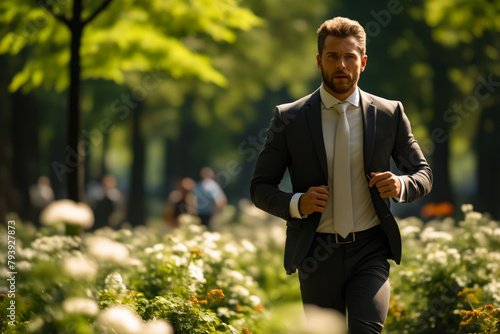 Man in suit is walking through field.