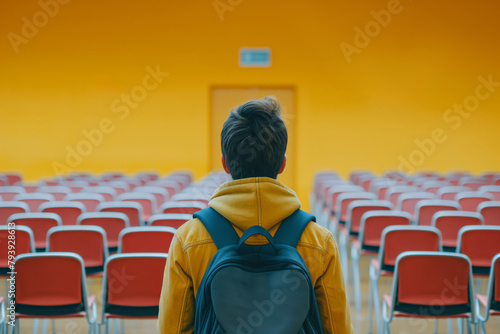 Back view of a lone student with a backpack in an empty lecture theater with orange seats