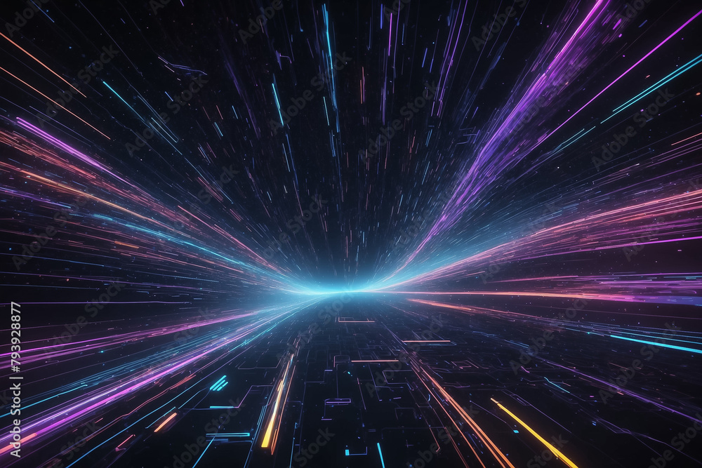 Interstellar Data Stream: A vivid visualization of data passing through multiple dimensions, with neon lights representing the transmission of information through space-time.