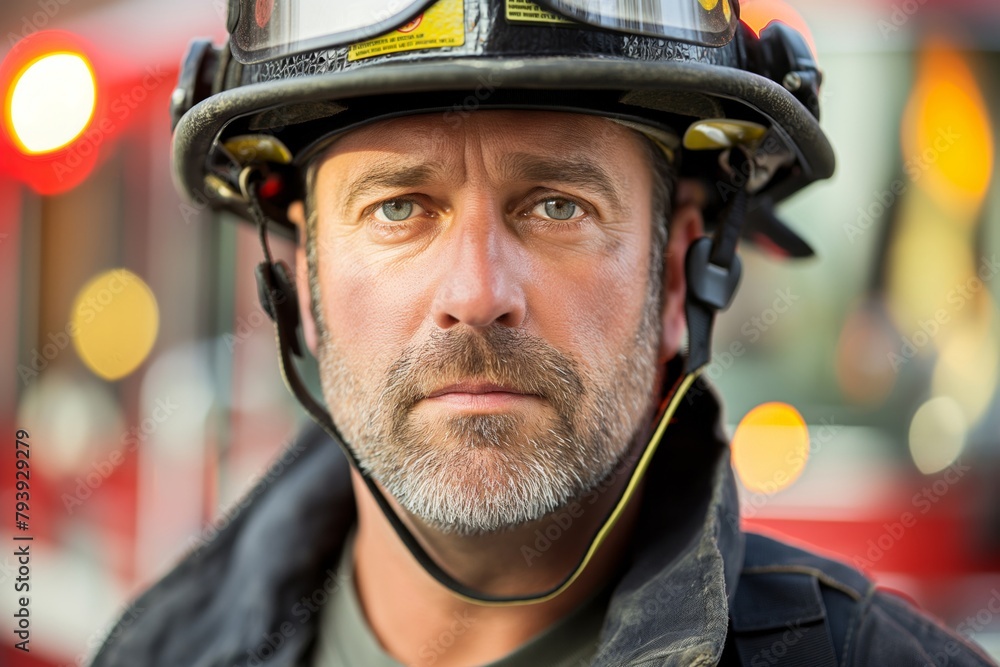 Close-up of a determined firefighter with helmet in front of a fire truck Close-up of a determined firefighter with helmet in front of a fire truck