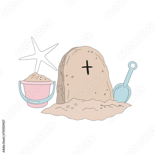 Hand drawn groovy sand castle in the form of gravestone with beach toys bucket and spade vector illustration isolated on white. Retro line art drawing style October 31st party trick or treat event