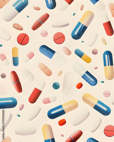 illustration of varied pills and medication capsules, pastel color background
