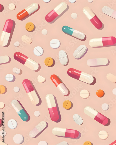 illustration of varied pills and medication capsules, pastel color background