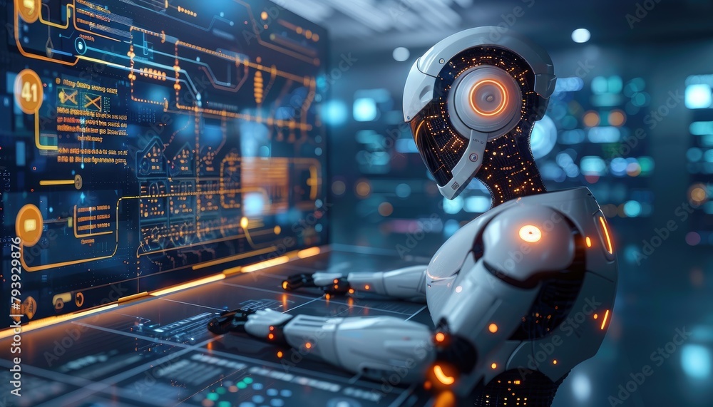 A robot is sitting in front of a computer monitor with a keyboard and a mouse by AI generated image A robot is sitting in front of a computer monitor with a keyboard and a mouse by AI generated image