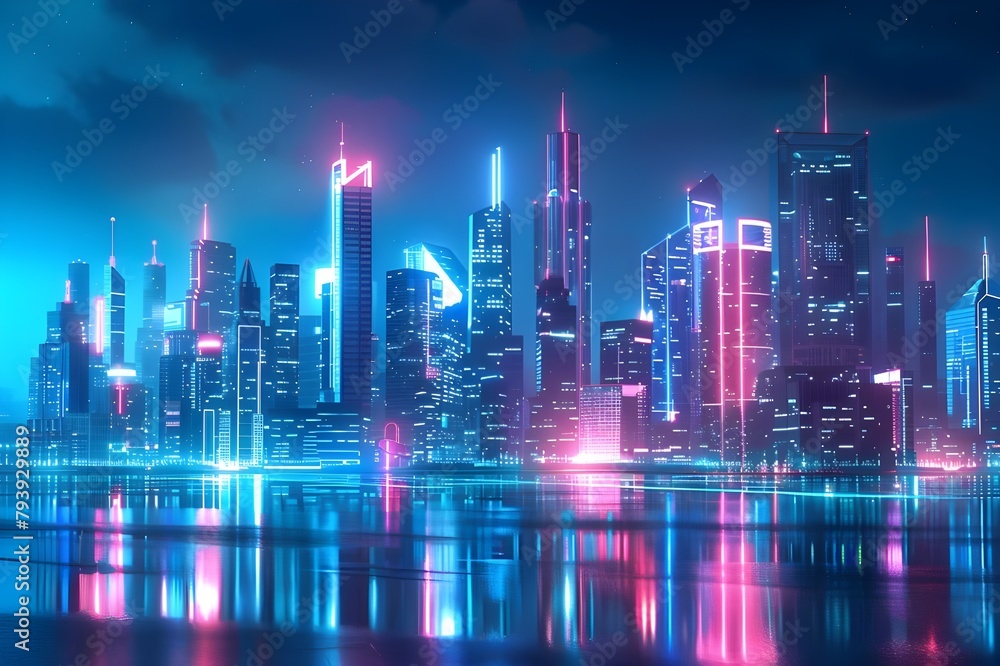 a future metropolis photographed around blue hour, when the sky is painted a captivating shade of violet and deep blue as day gives way to night.