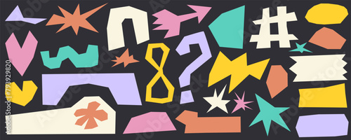 Shape abstract sticker cutout figure. Flower, arrow and heart shape with bold form. Cutout arch, star and question trendy y2k style. Playful vector illustration 
