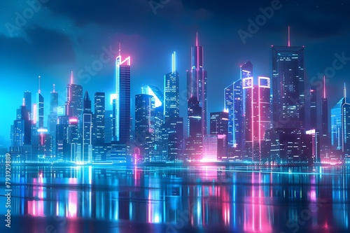 a future metropolis photographed around blue hour  when the sky is painted a captivating shade of violet and deep blue as day gives way to night.