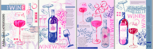 Wine background set. Bright party invitation, flyer, menu list, winery, tasting design.