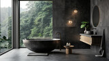 A bathroom with charcoal gray slate tiles, a deep soaking tub with a bamboo tray holding spa essentials, and a vanity featuring a stone basin and sleek black fixtures.