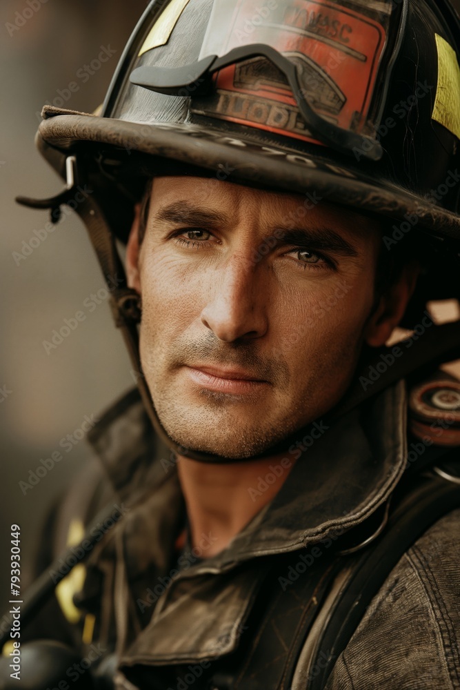 Close-up image of a focused male firefighter in full gear, representing courage and dedication Close-up image of a focused male firefighter in full gear, representing courage and dedication
