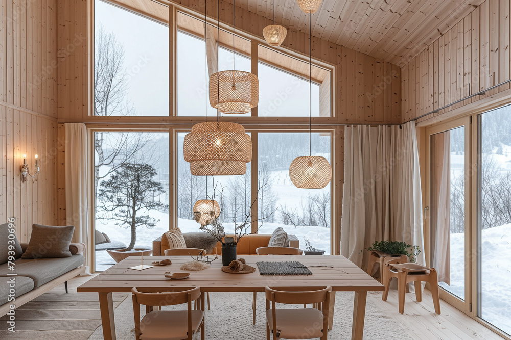 Φωτογραφία Nordic-inspired design featuring light wood paneling, clean lines, pendant light fixtures resembling snowflakes, hygge-inspired furniture, and windows overlooking snowy landscapes
