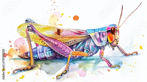 Macro closeup design illustration of locust in vivid watercolor style