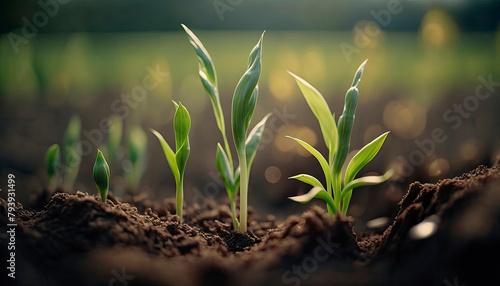 Fresh green corn sprouts in the spring on the field. Generative AI 